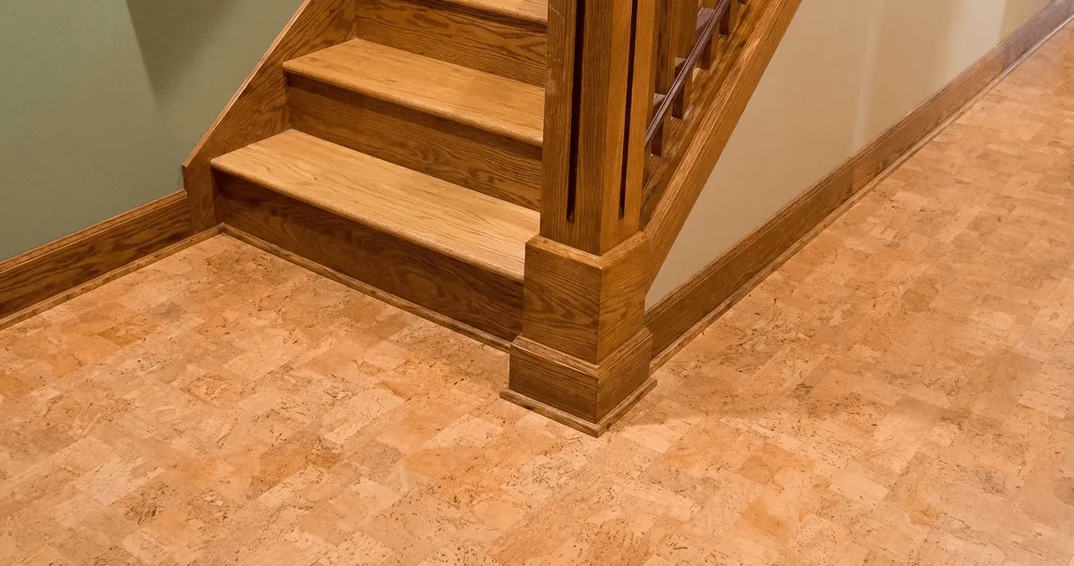 End of a staircase with cork flooring in Cleveland, OH